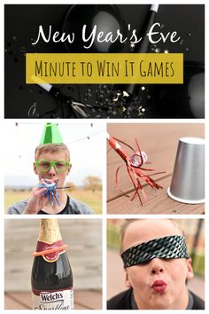 new year's eve photo collage with text overlay that reads, new years eve minute to win it games