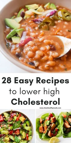 Easy recipes to lower cholesterol! This is a collection of high-fiber low-glycemic healthy meals that you can enjoy for breakfast, lunch and dinner in order to reach healthy cholesterol levels! Including easy salads, soups, recipes with oats and healthy desserts! Low Cholesterol Recipes Dinner Easy, Recipes To Lower Cholesterol, Healthy Meals For Breakfast, Recipes Low Sodium, Low Cholesterol Recipes Dinner, Lower High Cholesterol, Low Cholesterol Breakfast, Low Cholesterol Meal Plan