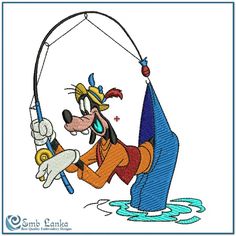 goofy fishing with his dog in the water and holding a fish on it's hook