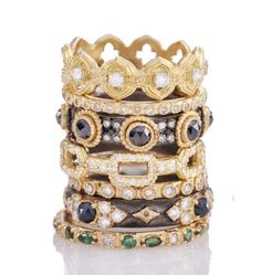 18K Yellow Gold Champagne Diamond Stack Ring. (0.50 TCW) Stackable Diamond Bands, Wrap Bangles, Diamond Stacks, Sterling Silver Stacking Rings, Turquoise Drop Earrings, Gold Champagne, Stack Ring, Black Sapphire, Beaded Cuff