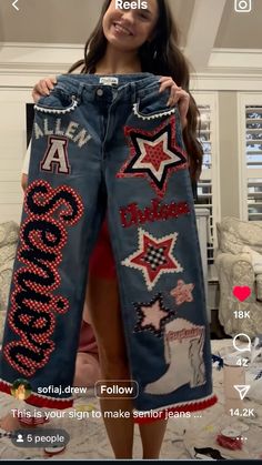 Senior Jeans Red White Black, Painted Jeans School Spirit, Senior Year Jeans, Senior Jeans Ideas High Schools, Spirit Jeans Ideas, Senior Jeans Ideas, Senior Jeans Painted