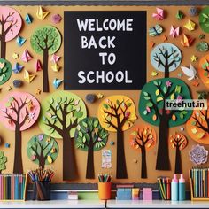 the back to school bulletin board is decorated with paper trees