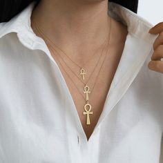 "◖ A B O U T ◗ The ankh or key of life is an ancient Egyptian hieroglyphic symbol that was most commonly used in writing and in Egyptian art to represent the word for \"life\" and, by extension, as a symbol of life itself. ◖ P R O P E R T I E S ◗ * Material: 14k Gold (100% real, not plated, not filled) * Handmade Jewelry * Adjustable*: «\" + 1\" Extender» ⇒ Yes, 1\" Extension will be added to selected length, «\" + 2\" Extender» ⇒ Yes, 2\" Extension will be added to selected length, * Size #1 - Gold Engraved Ankh Jewelry, Luxury Symbolic Ankh Necklace, Gold Ankh Amulet Necklace, Gold Ankh Necklace Hallmarked, Ankh-shaped Yellow Gold Necklace For Gift, Egyptian Hieroglyphics Symbols, Ancient Egyptian Hieroglyphics, Ankh Necklace, Life Symbol