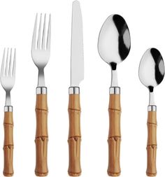 four forks, two knives and three spoons with bamboo handles