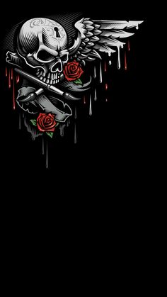 a skull with wings and roses on it's head is in the middle of a black background