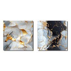 two paintings with white and gold paint on them