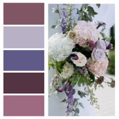 a bouquet of flowers sitting on top of a table next to a color swatch