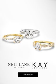 three diamond rings with the words neil lane kay on it and an image of two diamonds