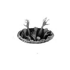 a black and white photo of hands reaching out from the bottom of a plant pot