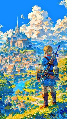 the legend of zelda is standing in front of a castle and looking at something