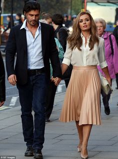 Hand-in-hand: News of the couple's engagement came as something of a shock to the singer's fans Blouse Classy, Pleated Skirt Outfits, Katherine Jenkins, White Pleated Skirt, Pleat Skirt, Stretch Skirt, Skirt Short