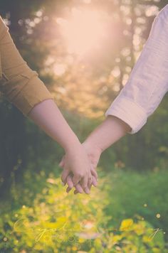 two people holding hands with the sun shining in the background and grass on the ground