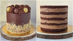 two different types of cakes with chocolate frosting and gold sprinkles on them