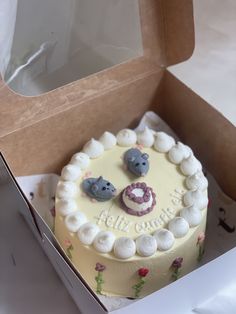 a cake in a box with two mice on it