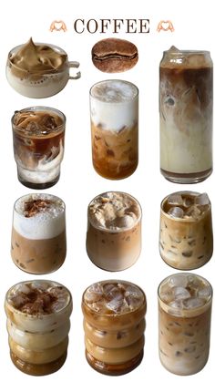 there are many different types of drinks in the glass jars with ice cream and coffee