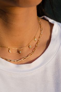 Our favorite gold necklaces to layer in gold. Stacking Necklaces, Stacked Necklaces, Celestial Necklace, Friend Necklaces, Cute Jewelry