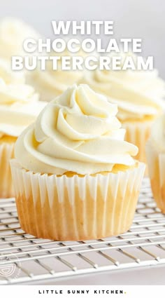 white chocolate buttercream cupcakes on a cooling rack with text overlay