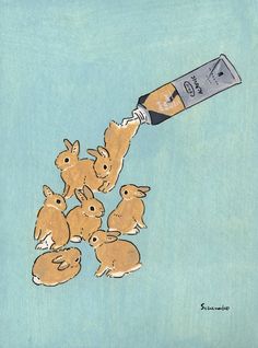 a drawing of rabbits being fed by a tube of toothpaste on a blue background