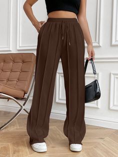 Solid Drawstring Waist Sweatpants For Dailywear Brown    Knitted Fabric Plain Jogger Slight Stretch  Women Clothing, size features are:Bust: ,Length: ,Sleeve Length: