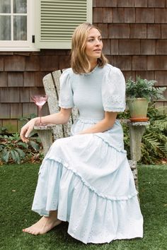 Model is 5'8 and wearing a small. Our best-selling Jolene dress is feminine ease at its finest. This smocked bodice dress allows for movement while a fluttery sleeve keeps things light and sweet. Our Icy Eyelet offers even more feminine detailing to this perennial favorite silhouette with a light blue ground and embroidered flowers and scalloping. Add in a swingy, tiered skirt that is both comfortable and flattering and you've got our dream dress (and by all accounts, yours too!) Enjoy 15% off w Farm Core, Church Fits, Bodice Dress, Spring Women, Eyelet Dress, Modest Fashion Outfits, Light Summer