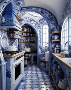 a kitchen with blue and white tiles on the walls, counters and shelves in it