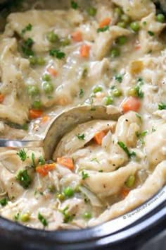 a ladle full of chicken and dumplings in a slow cooker