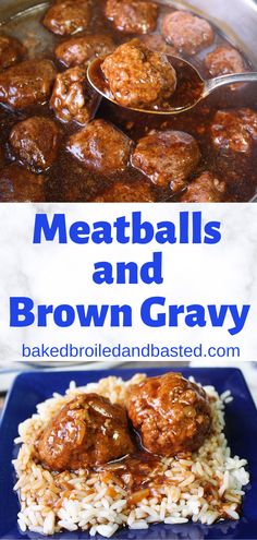 meatballs and brown gravy on top of rice