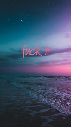 the words flick it are written in pink and blue over an ocean at night time