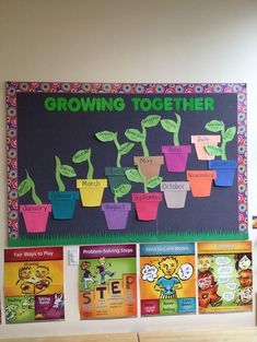 a bulletin board with plants on it and the words growing together written in green letters