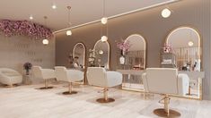 the salon is decorated with white chairs and pink flowers