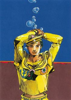 a painting of a man in yellow shirt with bubbles coming out of his head and hands on his head