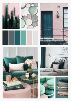 a collage of green and pink living room furniture