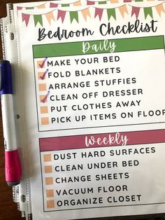 a recipe book with instructions for bed room checklist on it and a pen next to it