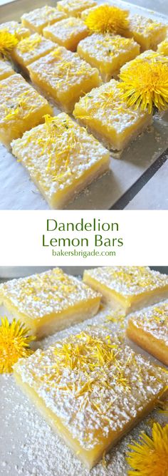 dandelion lemon bars with powdered sugar and sprinkles on top