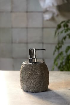 a soap dispenser sitting on top of a stone