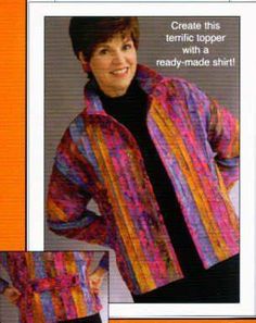 a woman wearing a colorful jacket and black shirt with the words, crochet this fabric