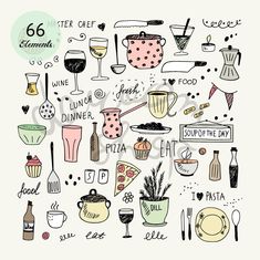 a drawing of different types of food and drinks on a piece of paper with writing