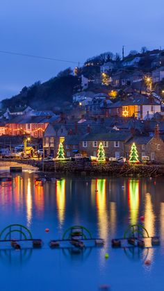 christmas lights are lit up on the water in front of a town with boats and buildings