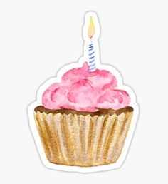 a pink cupcake with a single candle sticker