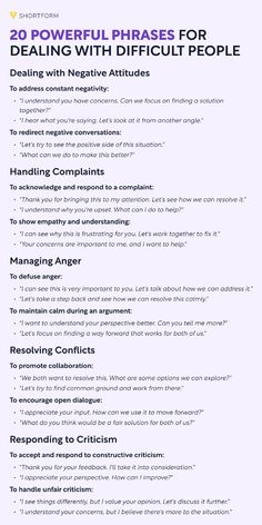 a poster with the words 20 powerful phrases for dealing with difficult people