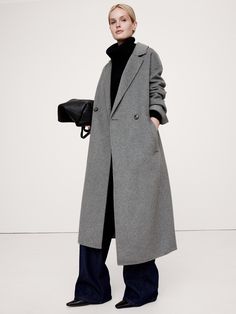 Designed to be layered, this wrap coat is crafted from our signature double-faced wool blend—a fabric we love for its soft structure and midweight warmth.  Here, we opted for a relaxed silhouette with side vents at the hem, inviting you to play with proportions.  Relaxed fit.  Warmer: Unlined.  Notch lapel with button front.  Removable belt.  Front pockets.  Side vents.  Unlined.  Relaxed fit with A-line skirt.  Long sleeves.  Midi length.  Model: Size S, 5'10" (178cm). Adidas Samba Outfit, Grey Coat, Wrap Coat, Selling Clothes, Business Casual Outfits, Party Looks, Wool Coat, Winter Coat, Amazing Women