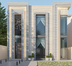 an architectural rendering of a modern building with glass doors and windows on the front door