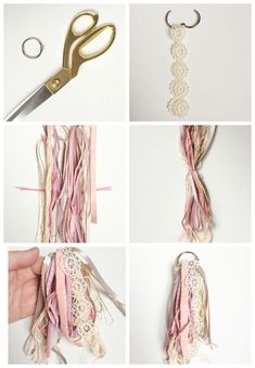 several pictures of different things that are being made out of fabric and lace, including scissors