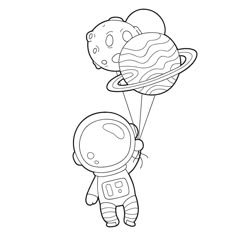 an astronaut floating in the sky with balloons attached to his back and planets on top