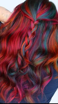 Red Hair Ideas With Other Colors, Peacock Colored Hair, Crazy Fall Hair Colors, Fun Brunette Hair Color Ideas Summer, Red Hair With Vivid Highlights, Shine Line Hair Color, Colorful Fall Hair Colors, Red Hair With Colored Highlights, Red Hair With Peekaboo