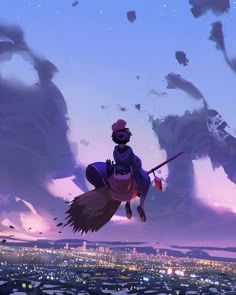 a person flying through the air on top of a large animal next to a city