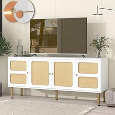 Modway Cambria 70" Rattan TV Stand in White Country Style Design, Style Tv Stand, Rattan Door, Media Console Table, Modern Entertainment Center, Tv Console Table, Wooden Tv Stands, Traditional Cabinets, Side Board