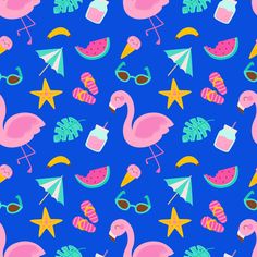 a blue background with flamingos, umbrellas and stars