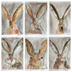 four paintings of rabbits with different faces