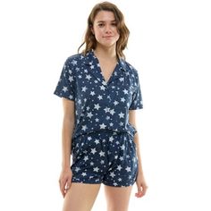 Unwind in comfort with this soft jersey pajama set. The notch collar top with button-down front and handy chest pocket offers a classic look, while the elastic waist shorts provide a relaxed fit. Perfect for cozy nights or lazy mornings. Choose from a variety of colors and patterns to match your style. Size: S.  Color: Blue.  Gender: female.  Age Group: adult. Sleepwear T Shirt, Loungewear Set Shorts, Button Up Pajamas, Summer Pajama Set, Womens Pajama Shorts, Summer Pajamas, Sleep Shorts, Vintage Indigo, Womens Pyjama Sets